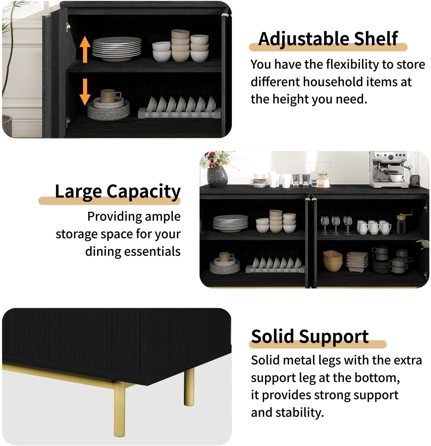 MUUEGM Sideboard Buffet Cabinet with Storage, 58" Large Kitchen Storage Cabinet with Shelves and 4 Fluted Doors, Modern Console Table for Kitchen, Dining Room, Hallway(Black)