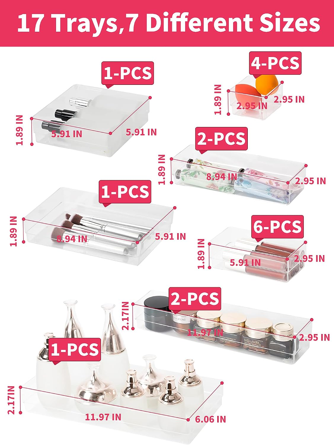 JARLINK 17 Pack Desk Drawer Organizer Trays with 7 Different Sizes, Drawer Organizer Trays with Non-Slip Silicone Pads for Bathroom, Makeup, Bedroom, Kitchen, Office Supplies, Craft (Clear)