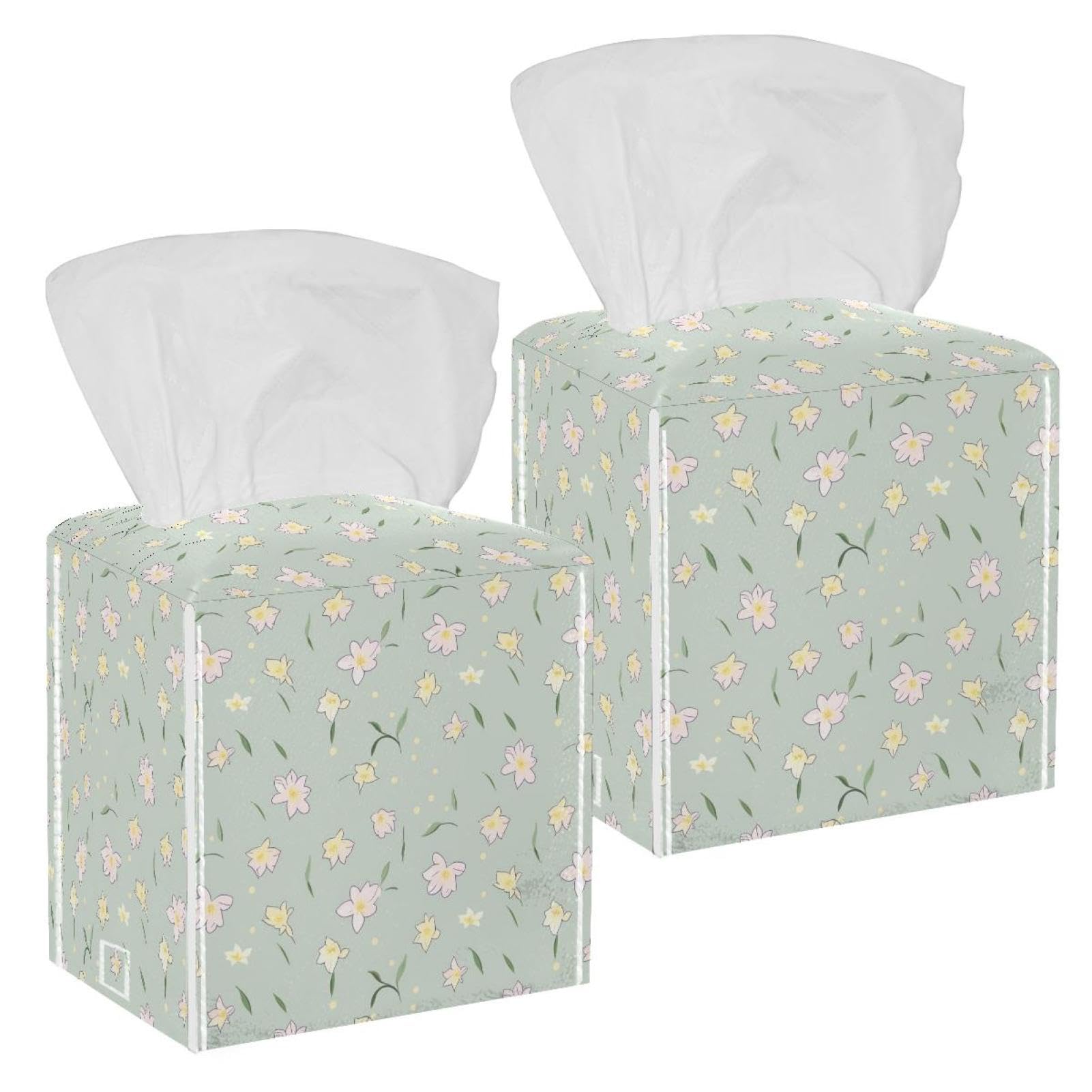 Lilies Flower Tissue Box Cover, 2 Pack PU Leather Square Facial Tissue Dispenser Box holder for Home Office Car