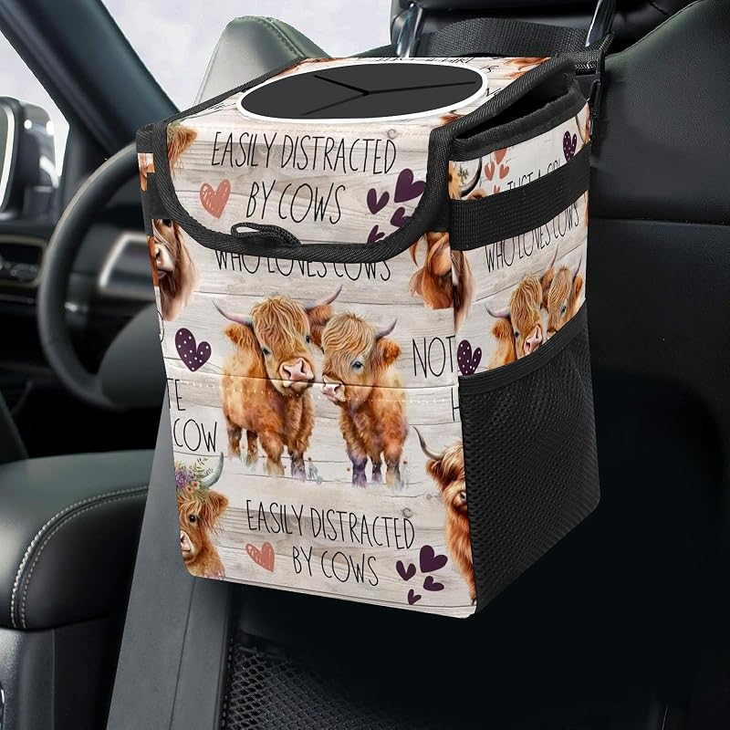 Lixeira automotiva dobrável com tampa, forro impermeável e alça ajustável GACTIVITY, estampa Highland Cow