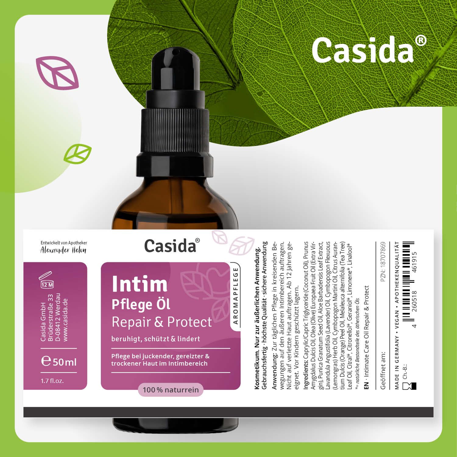 Casida® Olej do Pielęgnacji Intymnej Repair & Protect - pielęgnacja suchej, swędzącej i podrażnionej skóry w okolicach intymnych - składający się w 100% z naturalnych olejków - jakość apteczna - 50 ml