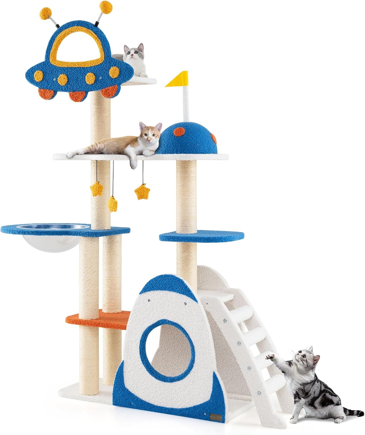 PETSITE 64.5 Inch Space-Themed Cat Tree, Multi-Level Cat Tower with Sisal Scratching Posts, UFO-Shaped Top Perch, Climbing Ladder, Hanging Star-Shaped Jingling Toys, Cute Cat Tree for Indoor Cats