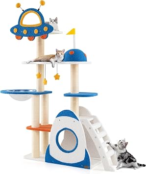 PETSITE 64.5 Inch Space-Themed Cat Tree, Multi-Level Cat Tower with Sisal Scratching Posts, UFO-Shaped Top Perch, Climbing Ladder, Hanging Star-Shaped Jingling Toys, Cute Cat Tree for Indoor Cats