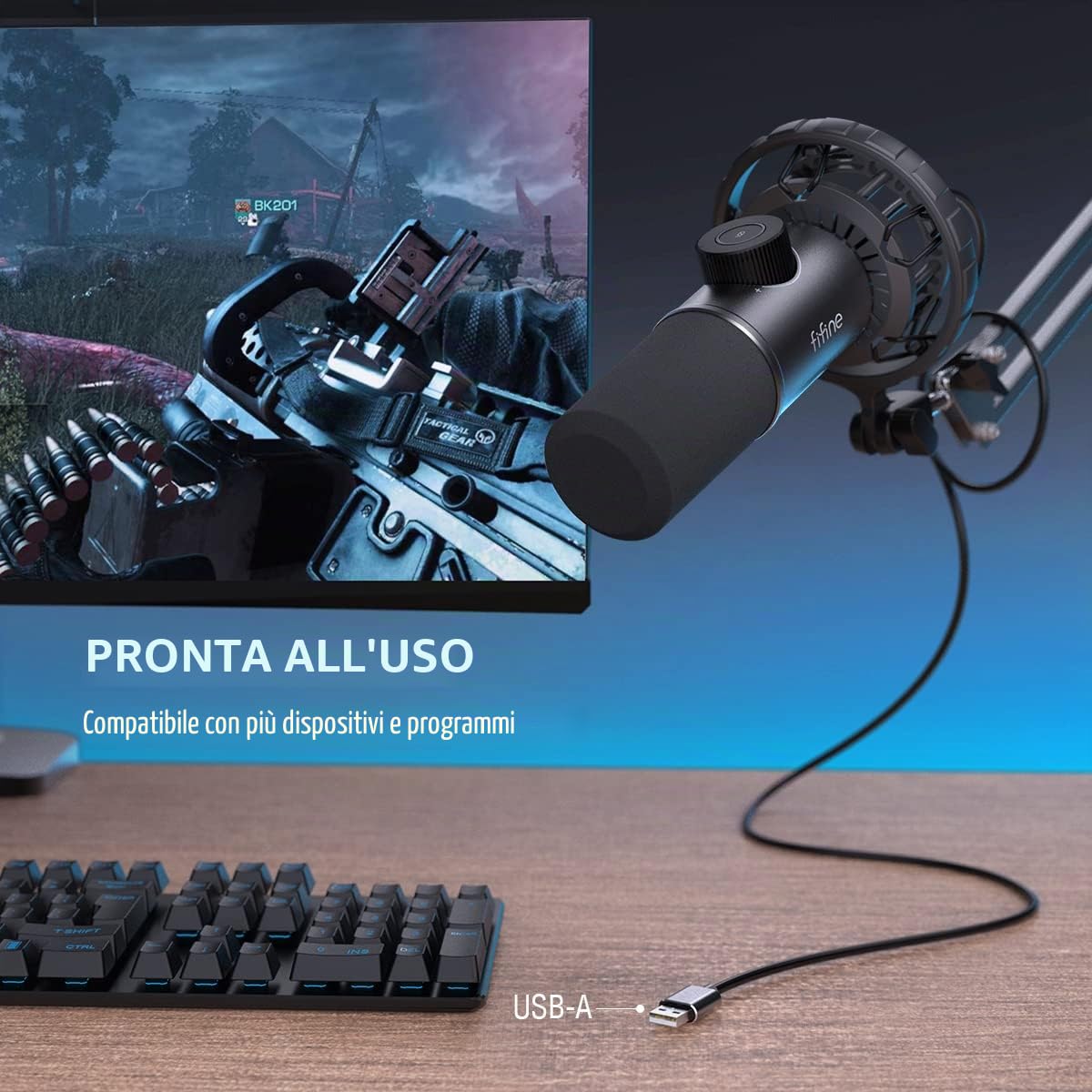 FIFINE Gaming Microfono USB per PC, Dinamico Microfoni Cardioide con RGB Supporto Antiurto, Pulsante di Silenziamento e Filtro Anti-Pop, per Podcasting YouTube Gaming Discord