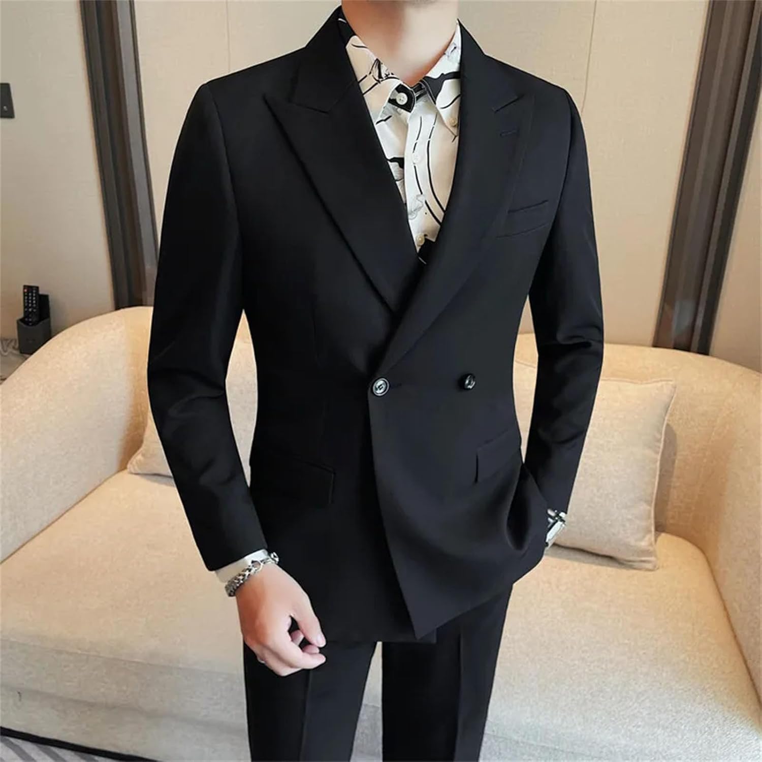 Men Double Breasted Blazers Jackets Plain Color Suit Coats Long-sleeved Slim Fit Business Casual FormalWear