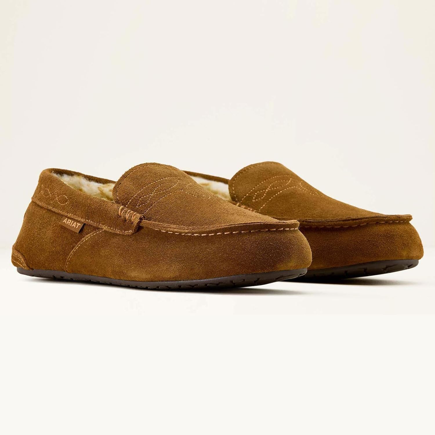 ARIAT Men's Clayton Moccasin Slippers - Durable Genuine Suede Warm Casual Stylish Indoor/Outdoor Shoes with Plush Boa Lining