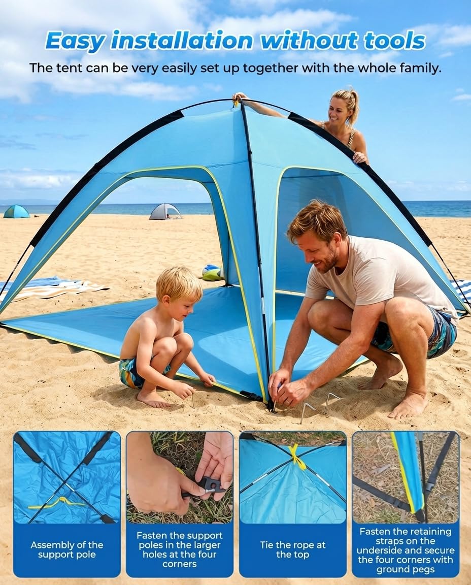 MYMULIKE Tenda da spiaggia UV50+, protezione solare, 210 x 210 x 130 cm, 4-6 persone, poliestere 190T con aste in fibra di vetro da 8 mm, portatile, con sacchi di sabbia/picchetti, per spiaggia
