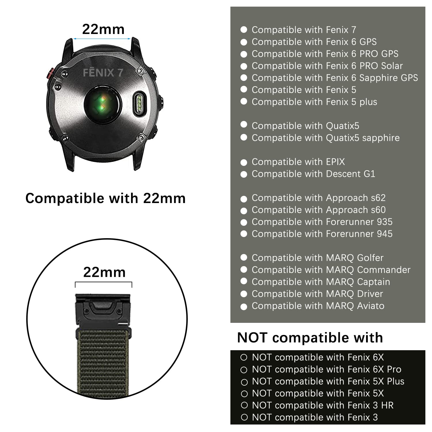 SeNool Correa para Garmin Fenix E 47mm/Fenix 8 47mm/Fenix 7 Pro Solar, [22mm QuickFit Nylon Repuesto Muñequeras] Transpirable Banda para Garmin Fenix 7/Epix 2 Pro 47mm/Fenix 6 GPS/6 Pro GPS - Verde
