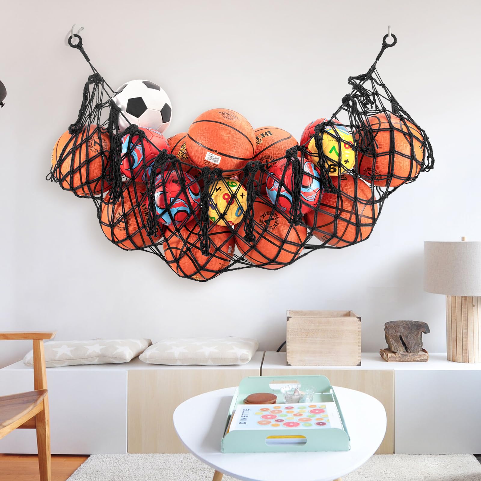 Filet de rangement pour ballons de sport, panier à suspendre pour basket-ball, volleyball, football, équipement de sport, sac de rangement en maille, filet de rangement pour ballons de garage