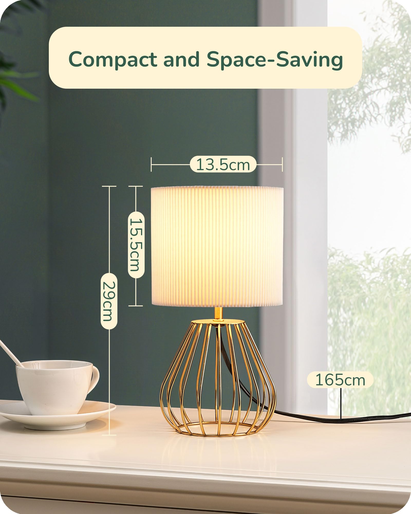 EDISHINE Table Lamp, Gold Water Droplet Shaped Metal Cage Base & Cream Coloured Pleated Lampshade, E14 Socket - Image 4