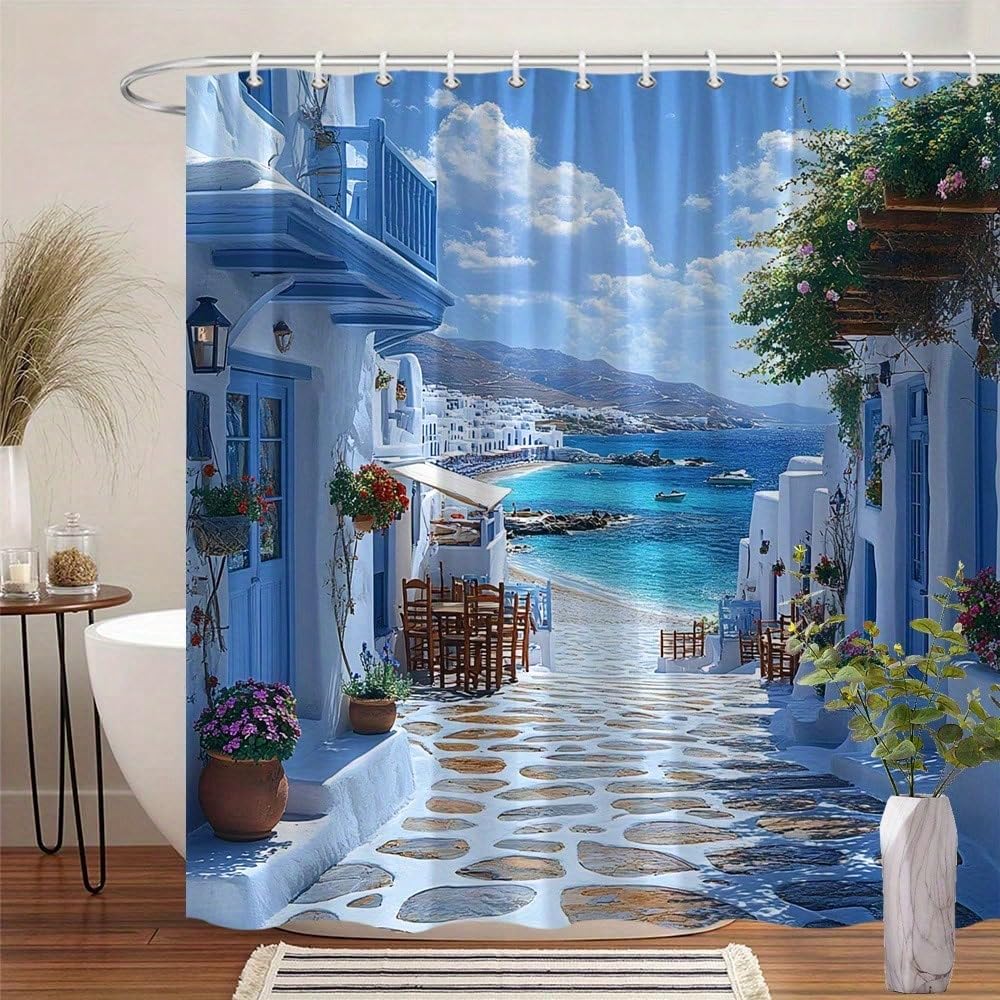 GLKSDLPO Greek Village Shower Curtain - Mediterranean Coastal Scene With White Blue Accents & Cobblestone Path For Bathroom Decor(165x180cm/65x71in(WxH)