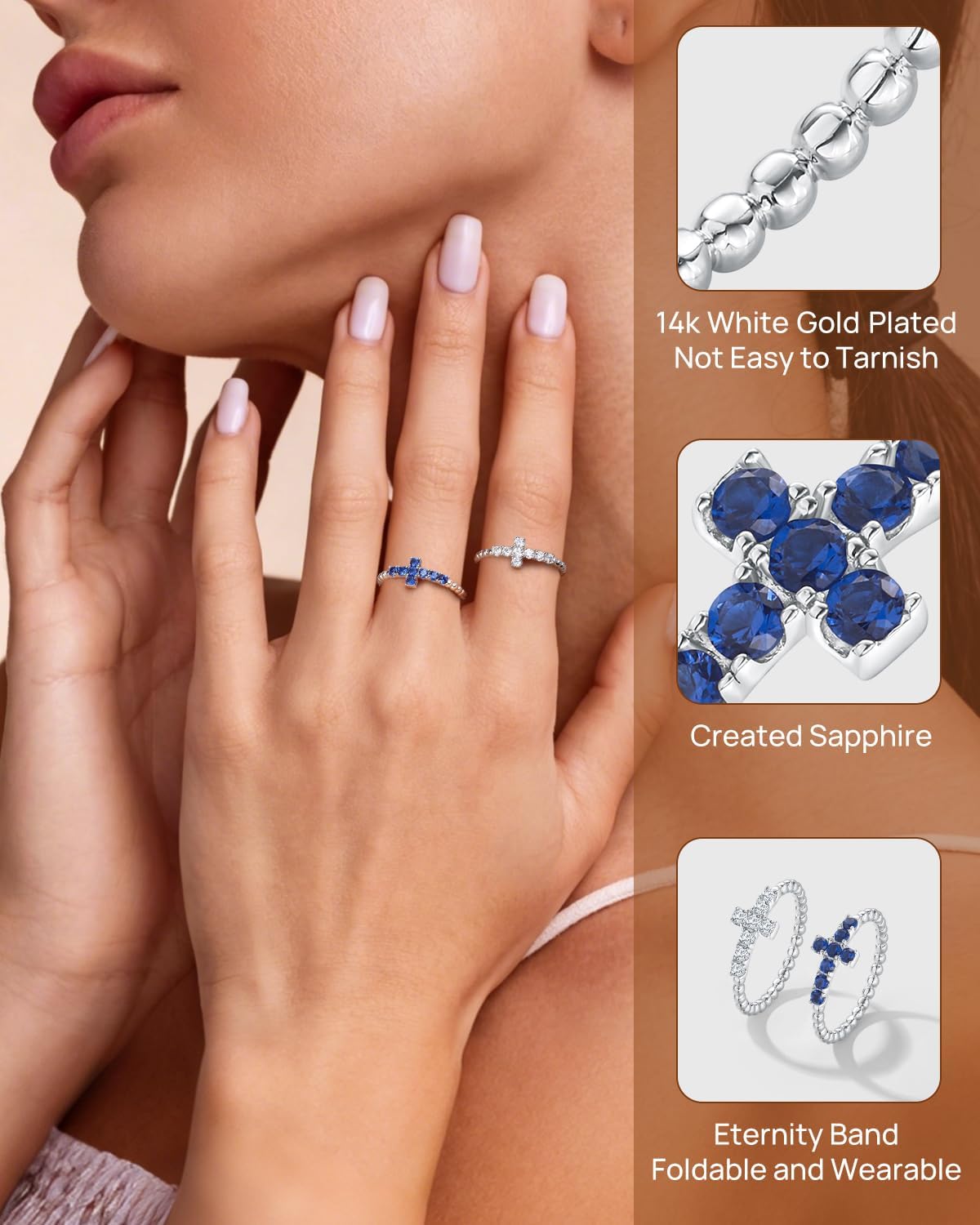Sideways Cross Ring for Women 14K Gold Plated Cubic Zirconia/Emearld/Ruby/Sapphire Eternity Stackable Promise Wedding Band Beaded Cross Ring Christian Religious Jewelry