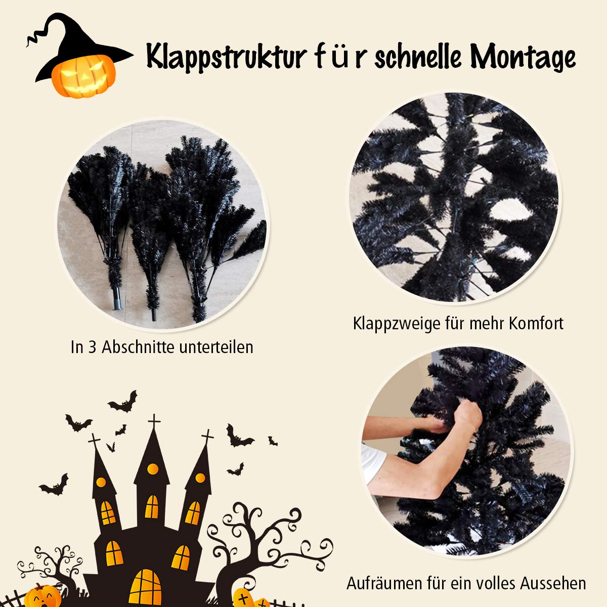 RELAX4LIFE 180 cm Künstlicher Weihnachtsbaum schwarz, Christbaum mit 1036 Spitzen und Metallständer, Tannenbaum für Zuhause, Büro, Schule, Geschäfte