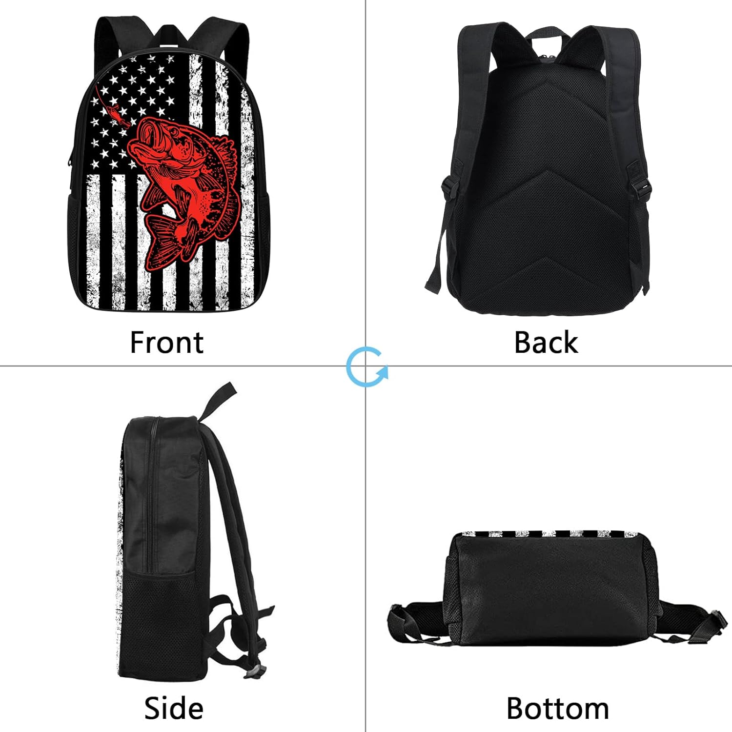 Vintage American Flag Bass Backpack Funny Red Fish Bass Fishing Lure on USA Flag School Bookbag, Black and White Elementary Middle High College School Bag Travel Laptop Daypack Rucksack, 17 Inch