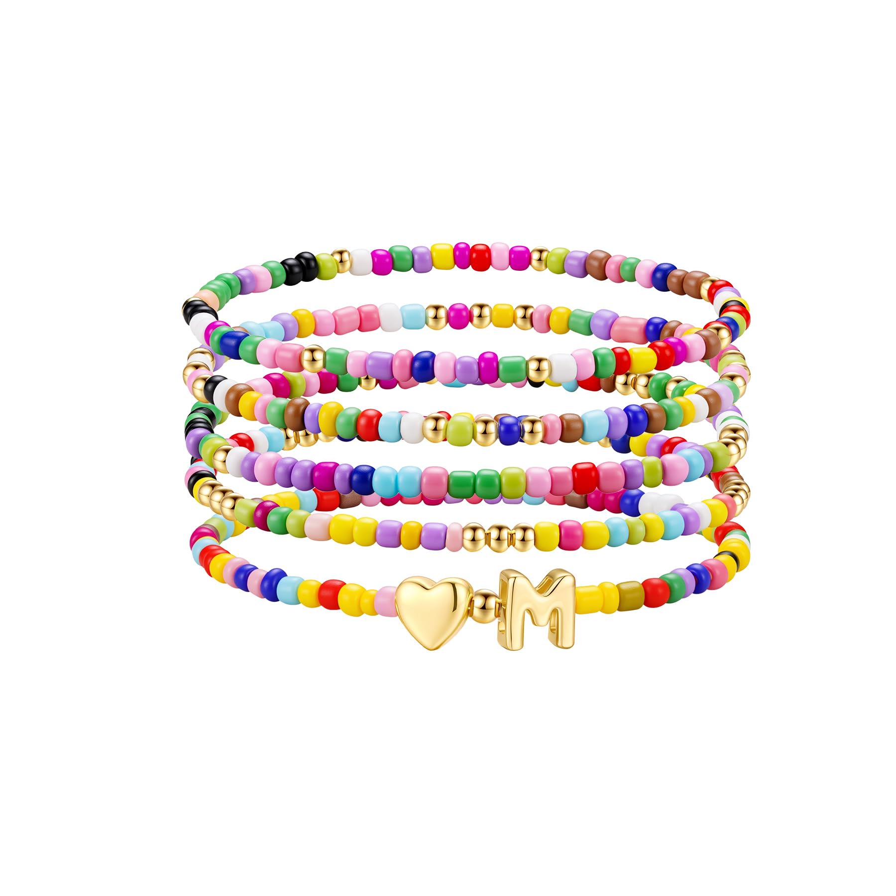 TINGN 5 Stück Bunte Perlen Armband Damen Mädchen Handgefertigt Perlen Armband mit Buchstaben Boho Herz Armbänder Stapelbare Armbänder Set Personalisierte Geschenke für Frauen Teenager Mädchen Schmuck
