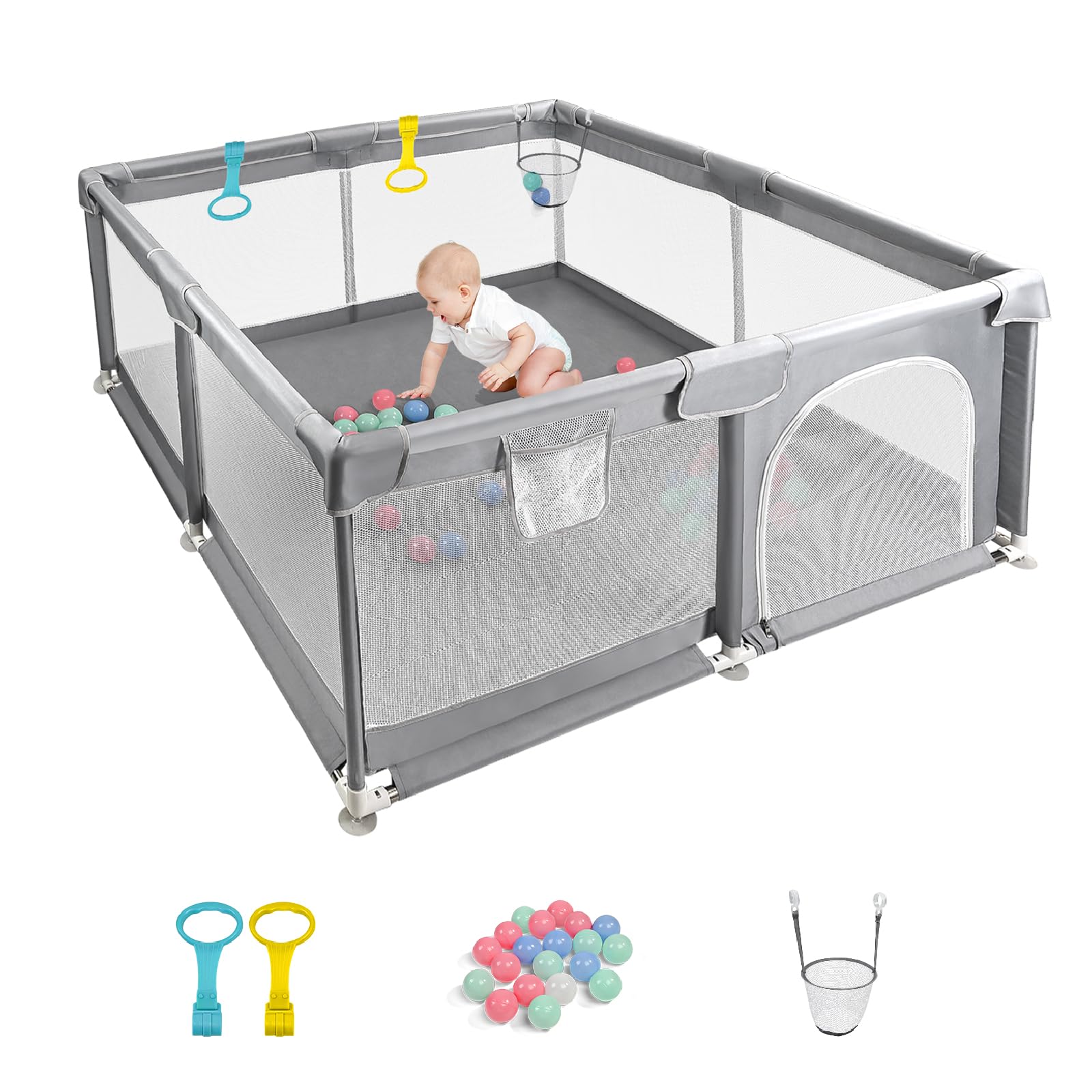 CHOLY Baby Playpen for Babies and Toddlers, Durable Play Pen with Visible Breathable Mesh, Foam Protection, Easy to Assemble Infant Fence -128 ร128cm (Light Grey, 128 x 128cm)