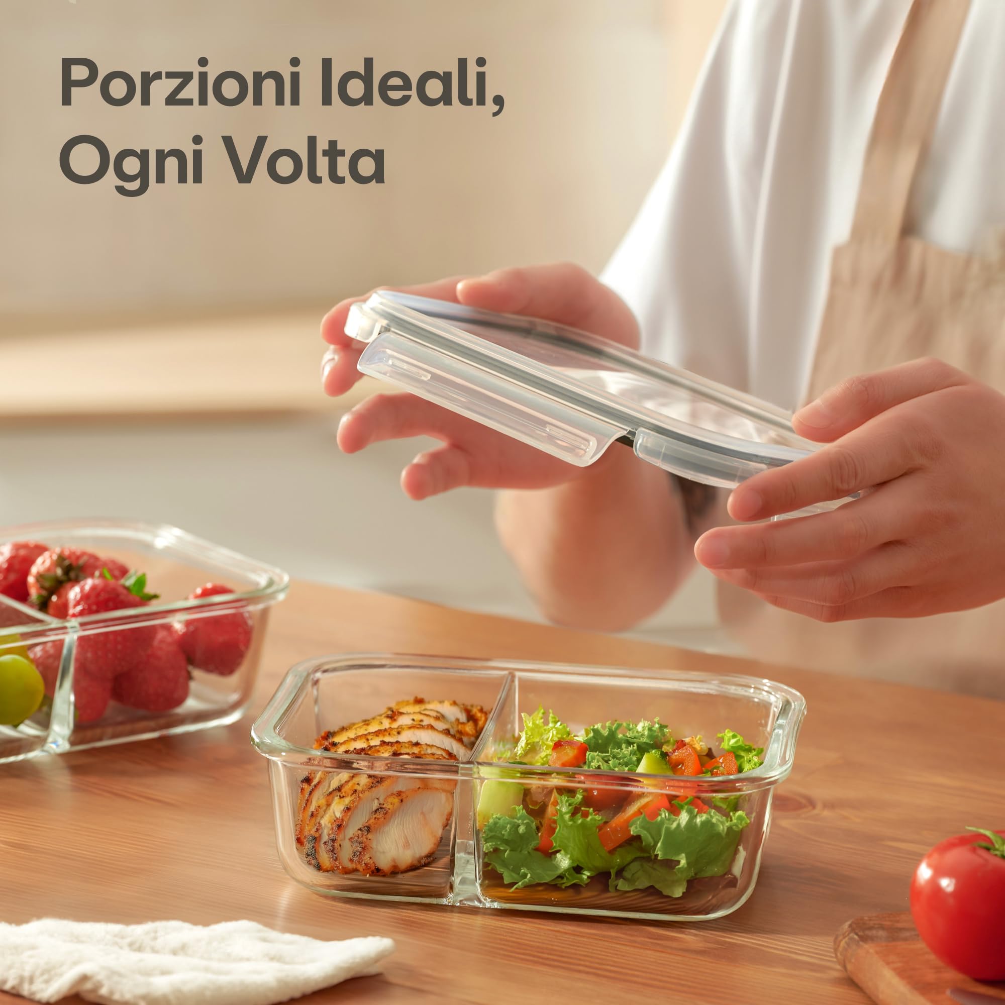 Praknu Meal Prep Contenitori con 2 Scomparti - 2 Pezzi Contenitori in Vetro Ermetici per Alimenti 1000ml - Per Microonde, Lavastoviglie, Forno