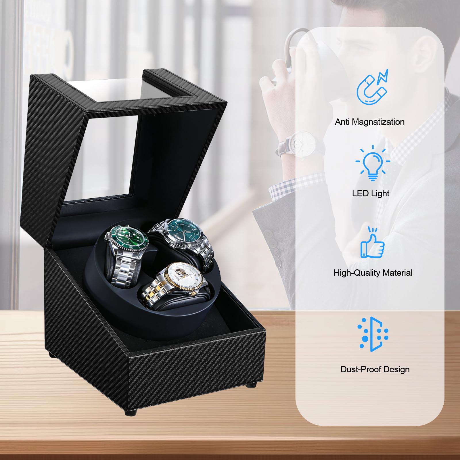 J&T Technology Uhrenbeweger für Automatikuhren, automatischer Uhrenbeweger mit LED-Licht, rotierendes Uhrengehäuse mit japanischem leisem Motor, 4 Rotationsmodi, USB Typ C