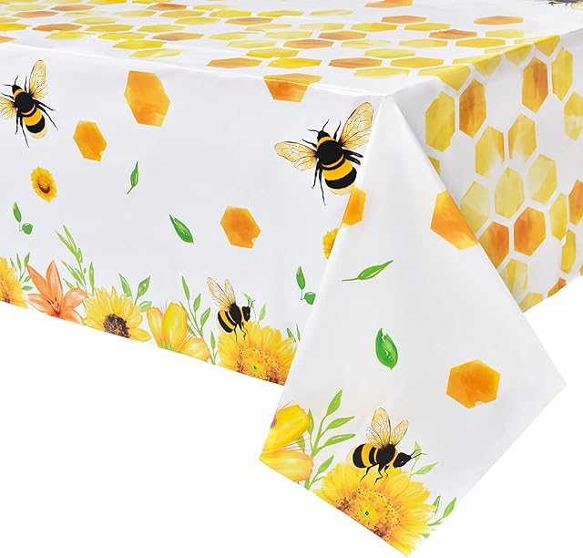 Bee Party Tablecloth - 2 Pack 137 x 274cm Bee Birthday Party Supplies for Kids Girls B-day Baby Shower Bumblebee Themed Party Decoration Large Printed Table Cover