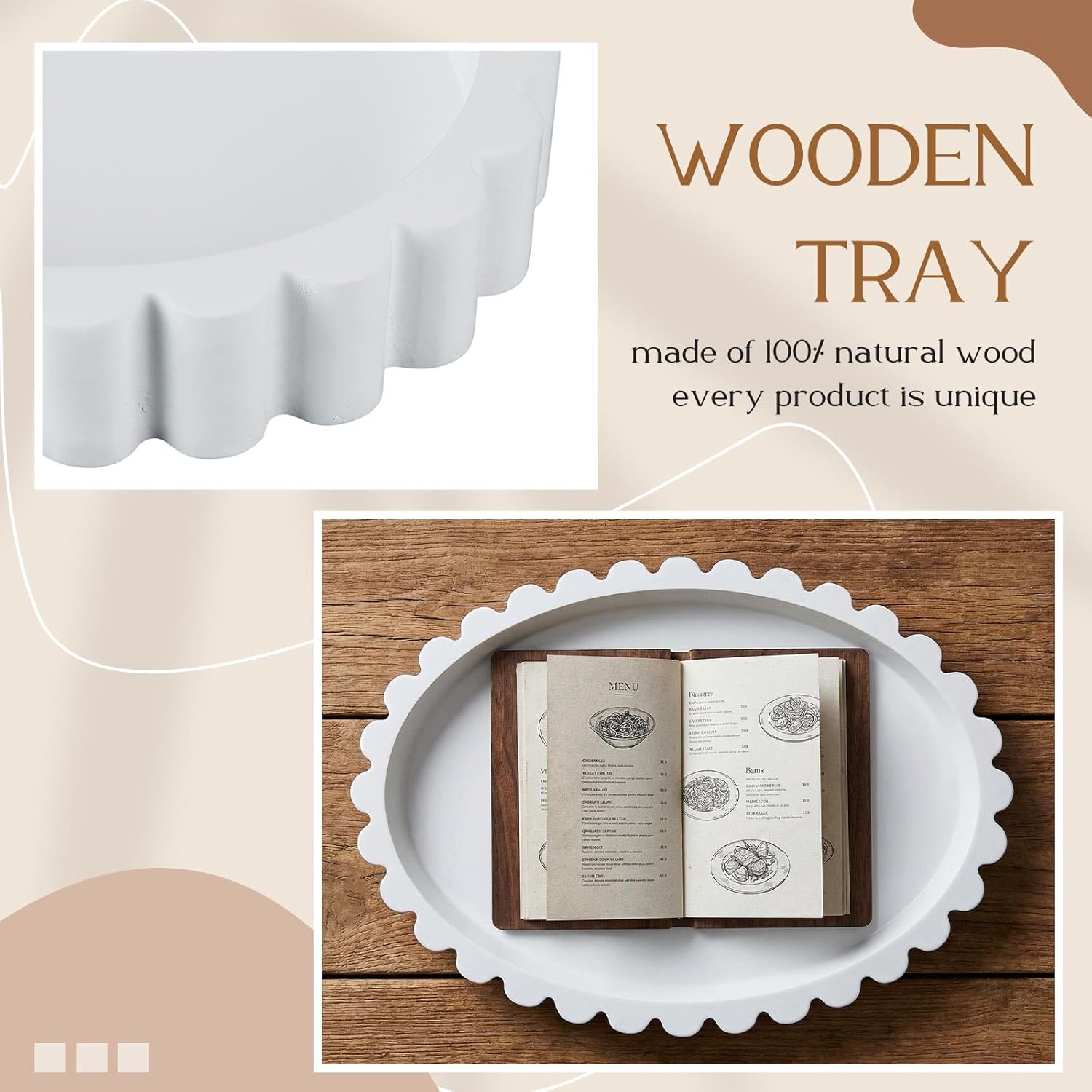 Teecyhooo 14 X10'' Decorative Tray for Coffee Tables Wooden Oval Trays Home Decor Coffee Table Tray for Living Room Kitchen Accent Table Counter Modern Decorative Trays Tables Centerpiece(White)