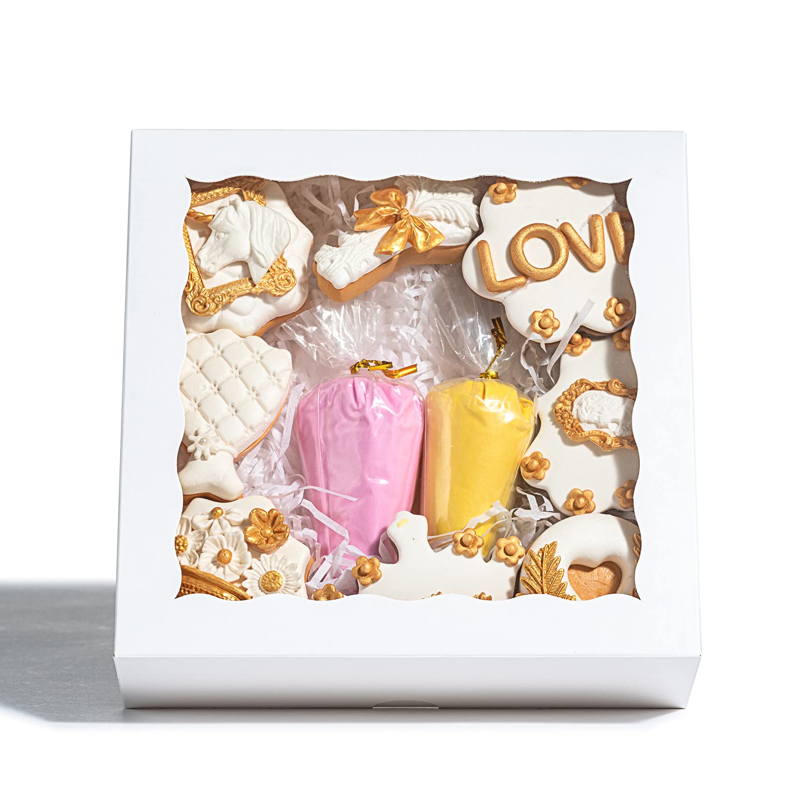 RomanticBaking 50pcs 8x8x2 Inches Bakery Boxes with Window Cookies Boxes Chocolate Covered Strawberries Boxes Pretzel Boxes Cakesicle Browines Boxes