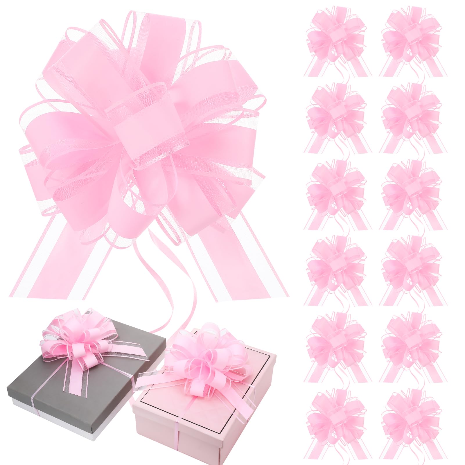 12Pcs 7 Inch Large Organza Pull Bows, Plastic Ribbon Pull Bows for Gift Wrapping Valentine Wedding Cars Flower Baskets Party Decorations, Pink