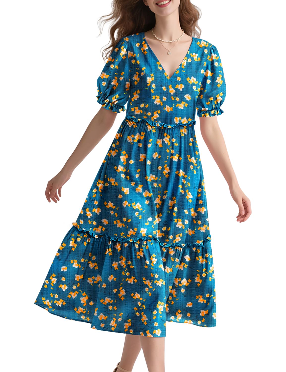 YESNO Summer Floral Midi Dresses for Women V Neck Puff Short Sleeve Frill Trim Dress with Pockets EVX