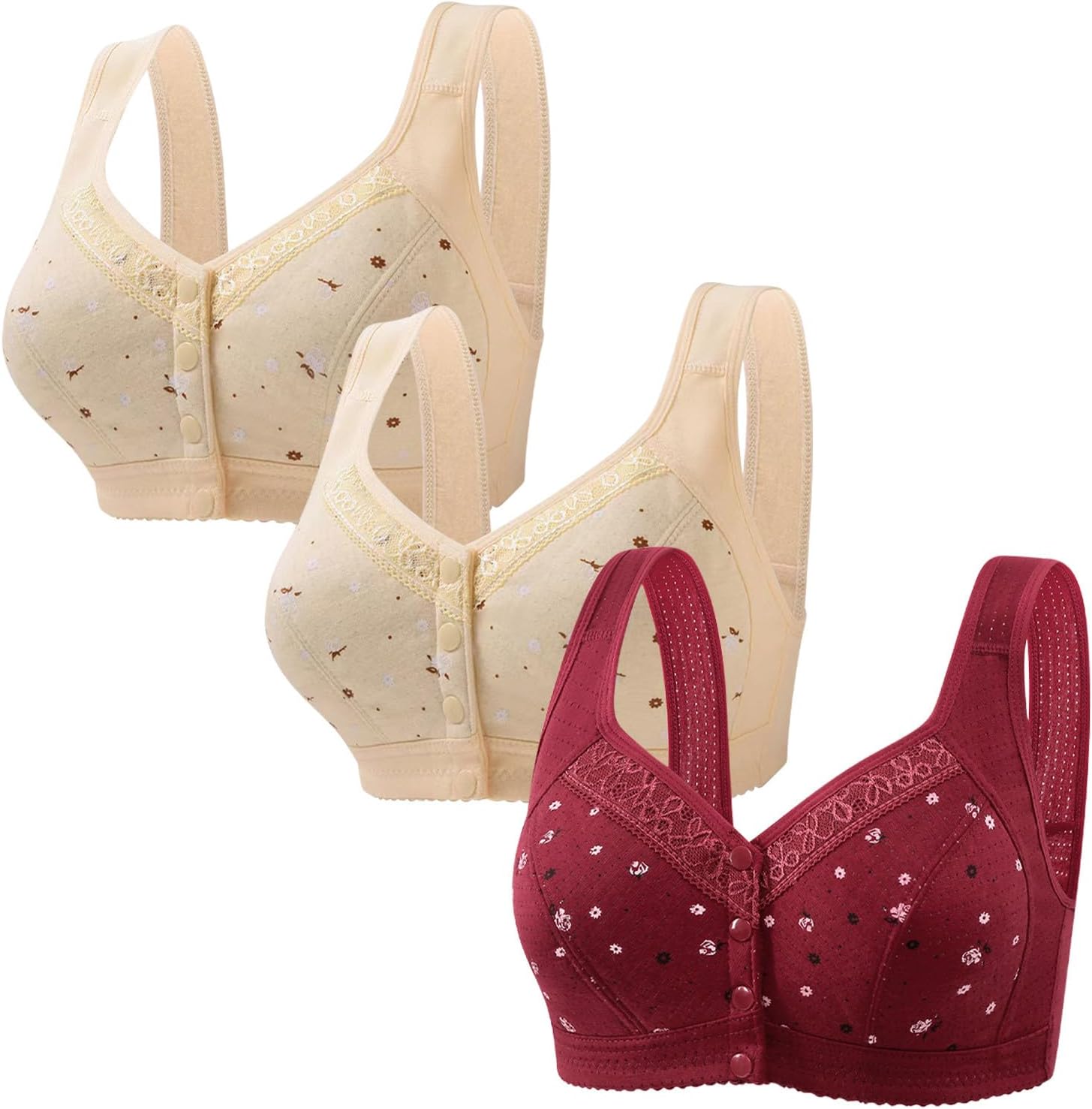 3 Pack Daisy Bras for Older Women 2025 No Underwire Breathable Front Closure Bras Full Coverage