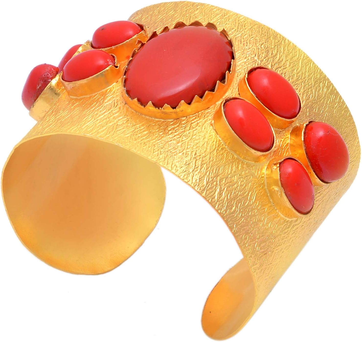 EURASIA Handmade Design Oval Shape Red Coral Gemstone Yellow Gold Plated Cuff Bracelet