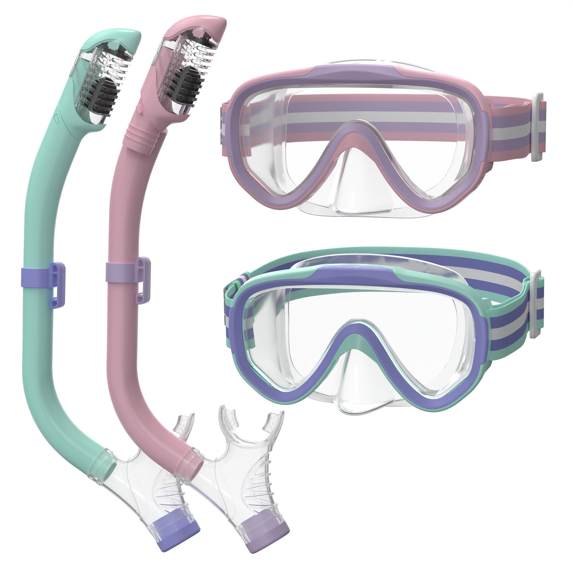 ACURE Kids Swim Goggles for Boys Girls Ages 3-14, Anti-Fog Snorkel Mask Set with Nose Cover and Fabric Strap Children Diving Mask in Swimming Pool for Youth (Pink & Mint/Purple, Mask & Snorkel Set)