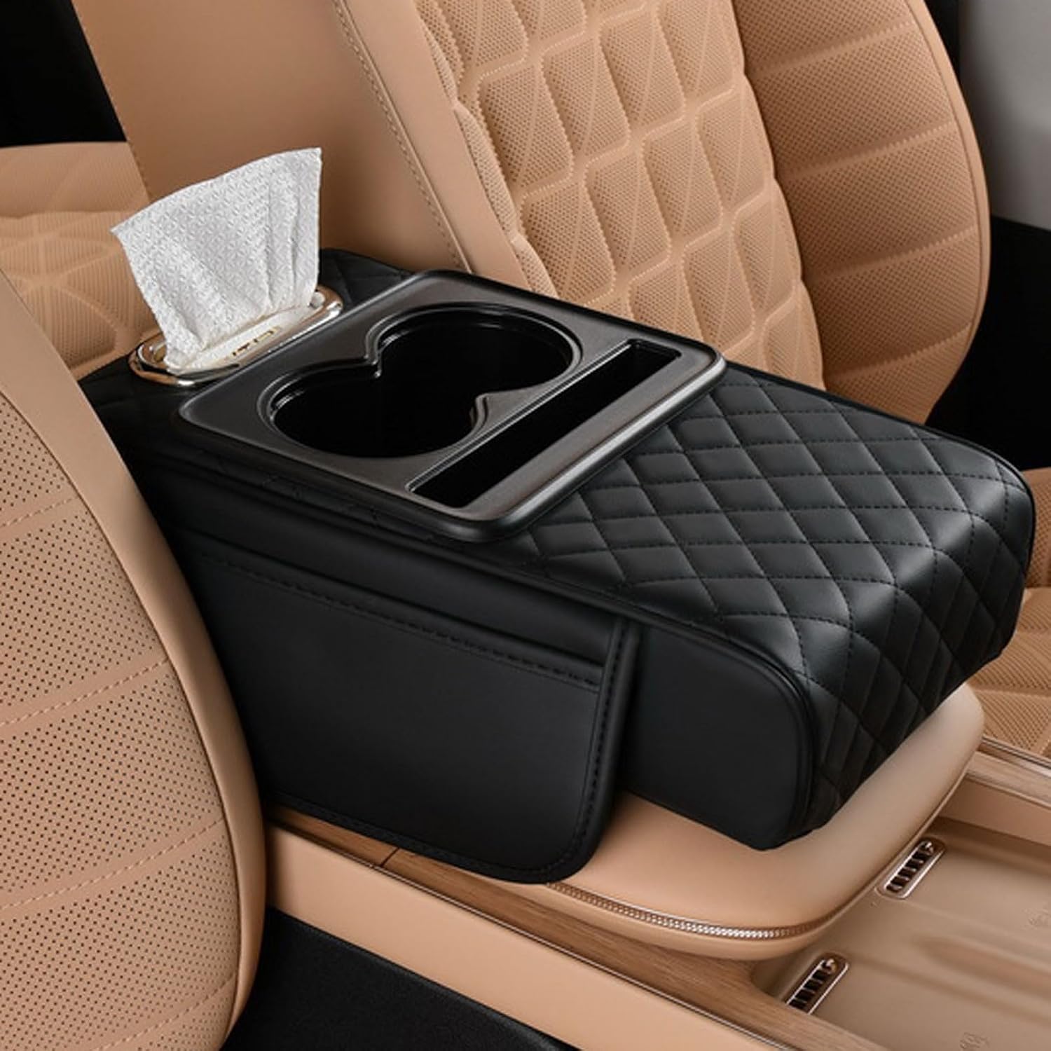 Multifunctional PU Leather Car Armrest Box Mat, 5-in-1 Leather Car Armrest Box Mat, Multifunctional Car Armrest Cushion with Storage Bags Cup Holder, Tissue Box & Phone Slot, Universal Fit (Black)