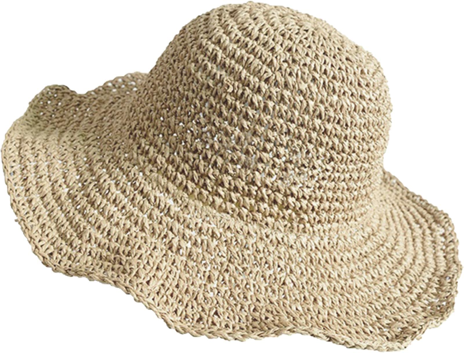 Senker Fashion Beach Straw Hats for Women, Handmade Floppy Bucket Sun Hat for Summer Vacation Wide Brim Packable Travel