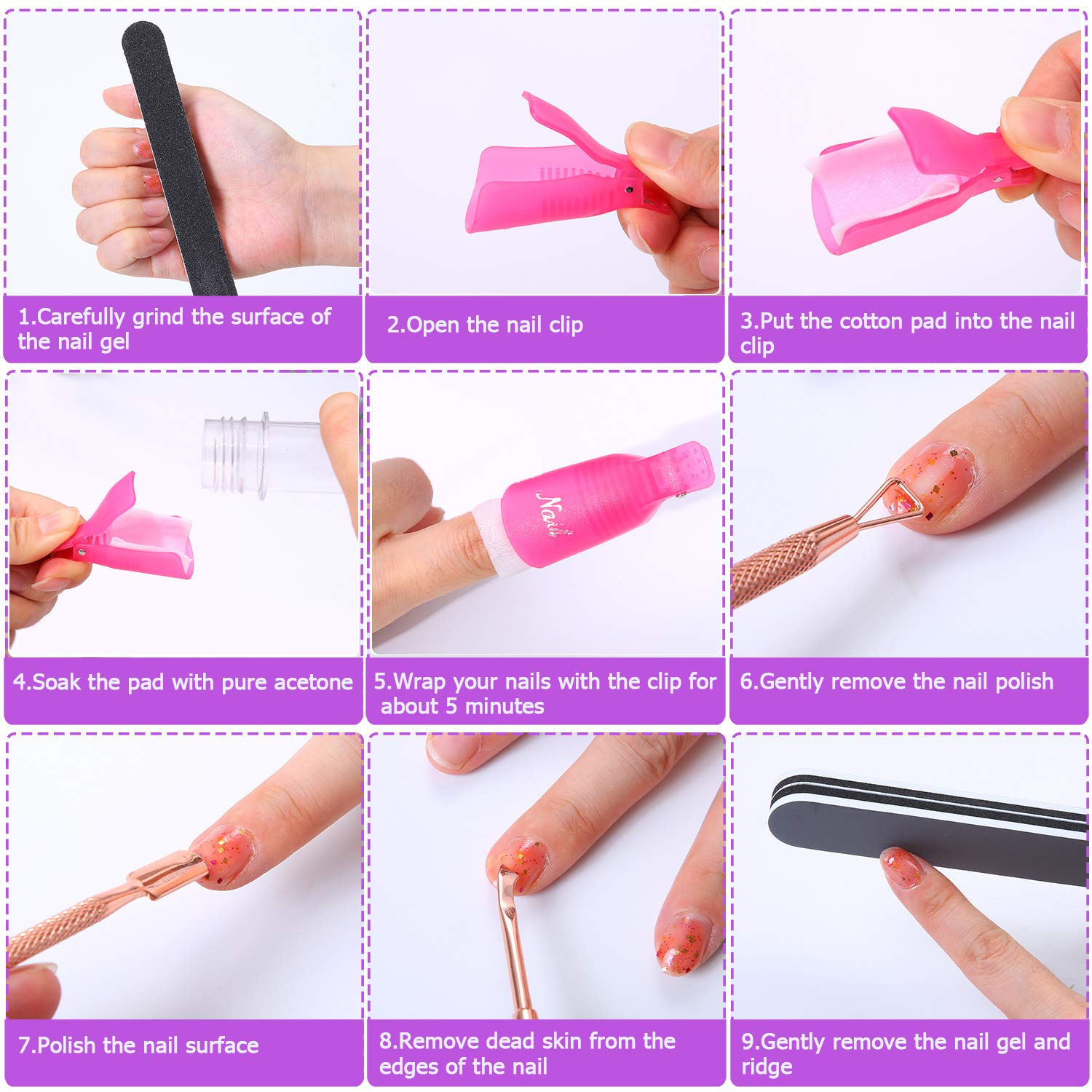 URATOT Nail Polish Remover Tools Set, 2 Bottle, 3 Rose Gold Triangle Cuticle Pusher Cutter Set, 500 Nail Polish Remover Cotton Pads 10 Nail Caps, 2 Nail File for Nail Arts (Color 2)