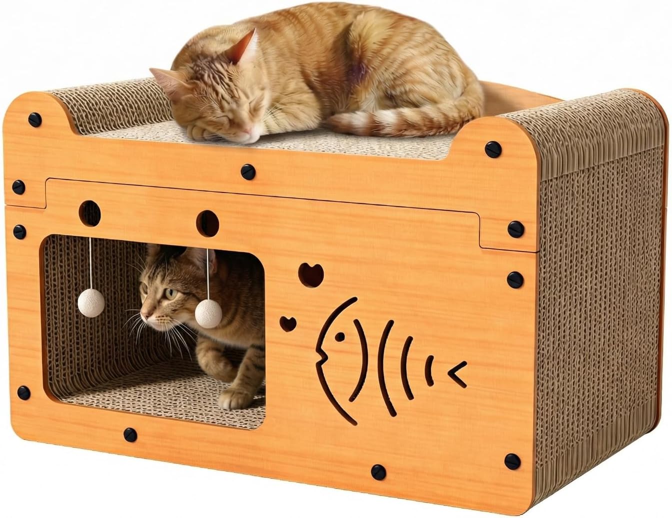 Cat Scratcher House with Hanging Toys, Bubble Fish Shaped Cat Condo, 2-in-1 Cardboard Scratching Board for Indoor Cats, Playful Pet Furniture, Light Oak Style