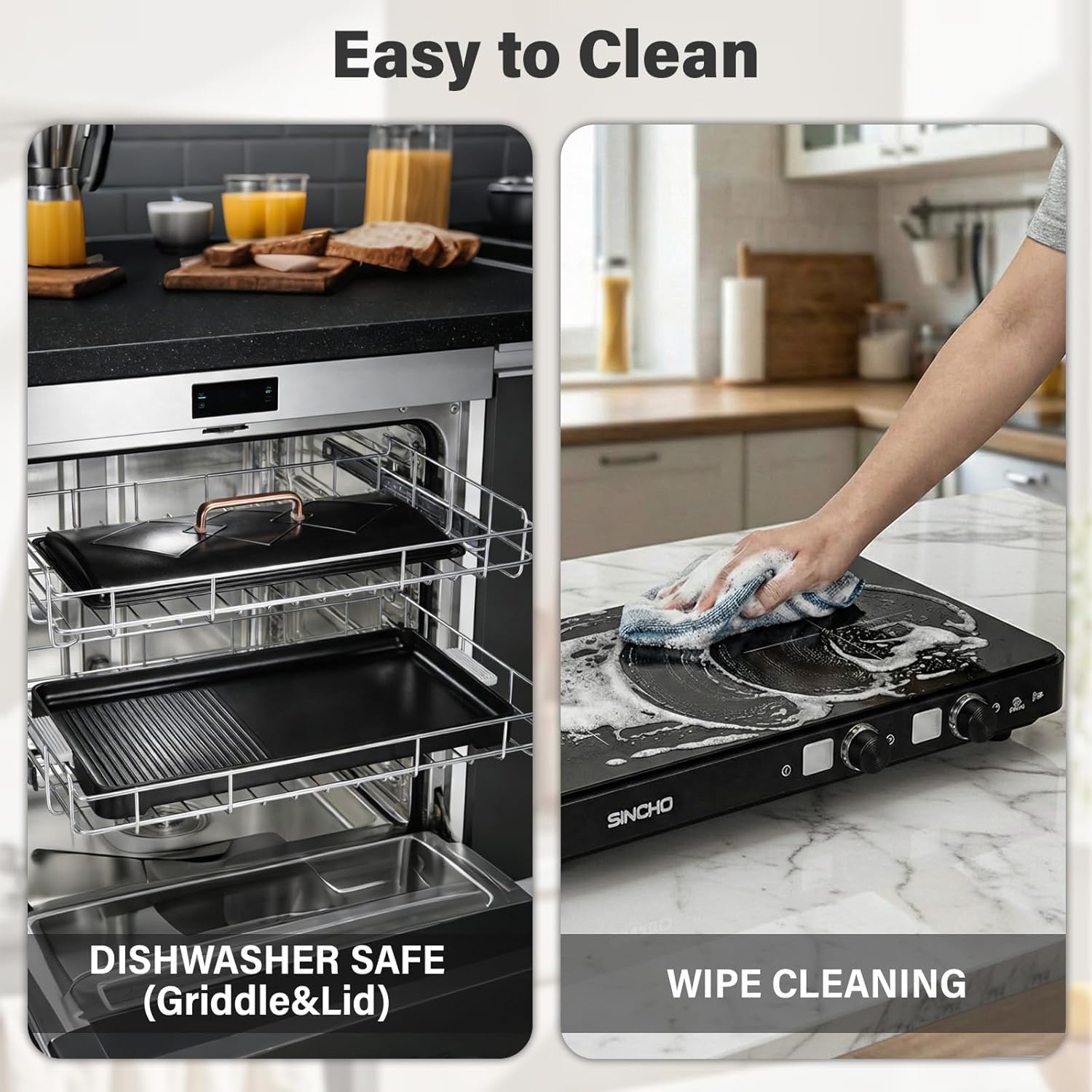 SINCHO 2-Burner Induction Cooktop with Removable Griddle, 1800W Portable Induction Stove, Non-Stick Surface, 9 Power Levels & 99-Min Timer