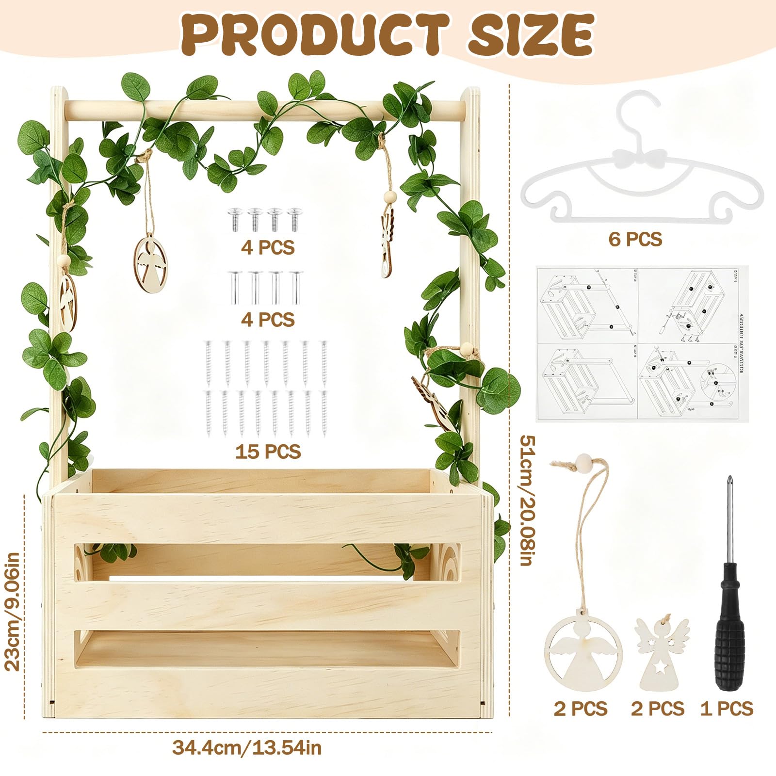 Babyparty Geschenk Holz Babykorb mit Griff, Babyparty Geschenk für Neugeborene, Praktischer Baby Schrank mit Kinder Kleiderbügel und Girlande, Personalisierte Baby Korb für Schwangere Neue Eltern