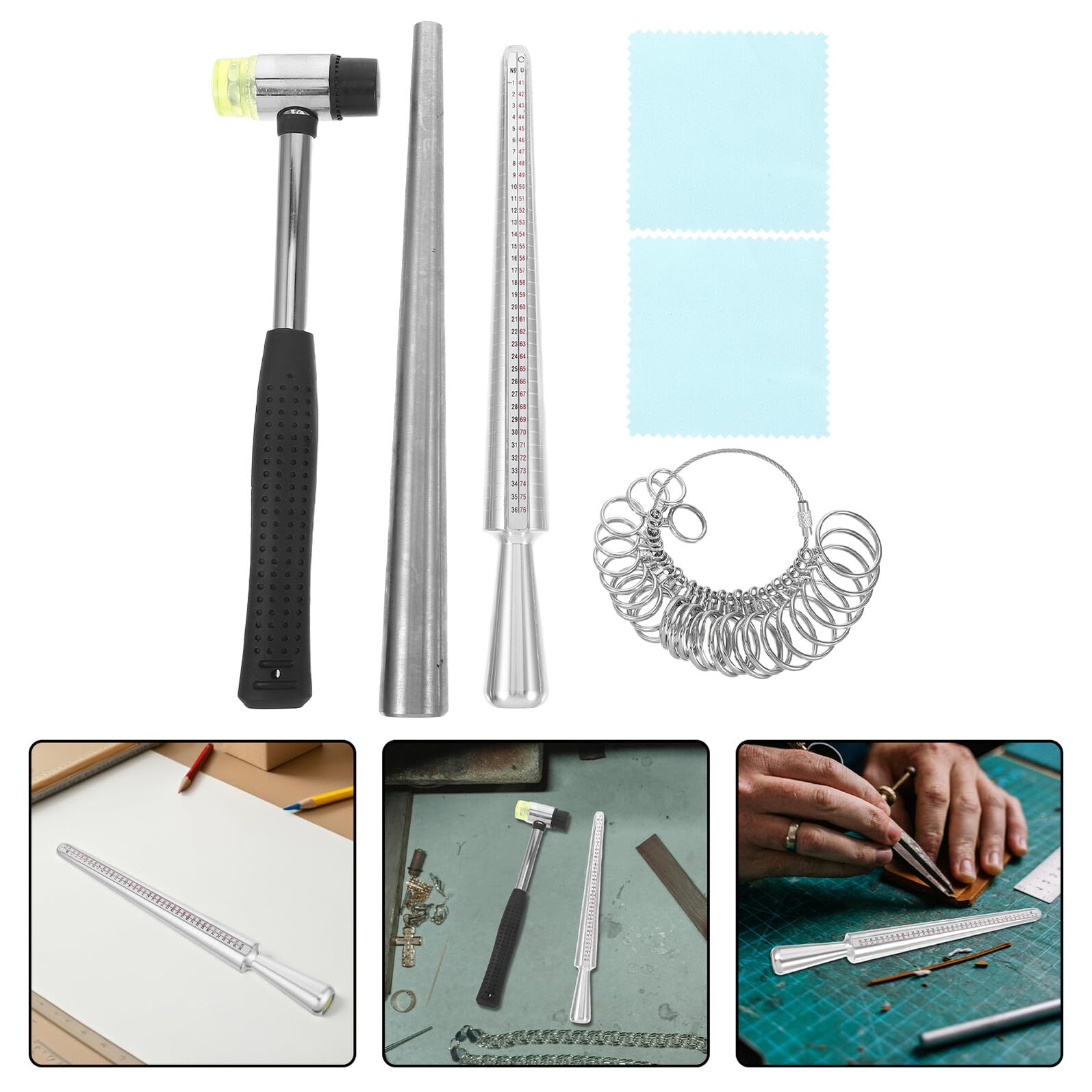 Artibetter Misuratore di Anelli in Metallo Mandrino e Panno per Pulizia Kit di Strumenti per Misurazione Accurata di Gioielli per Professionisti e Hobbisti