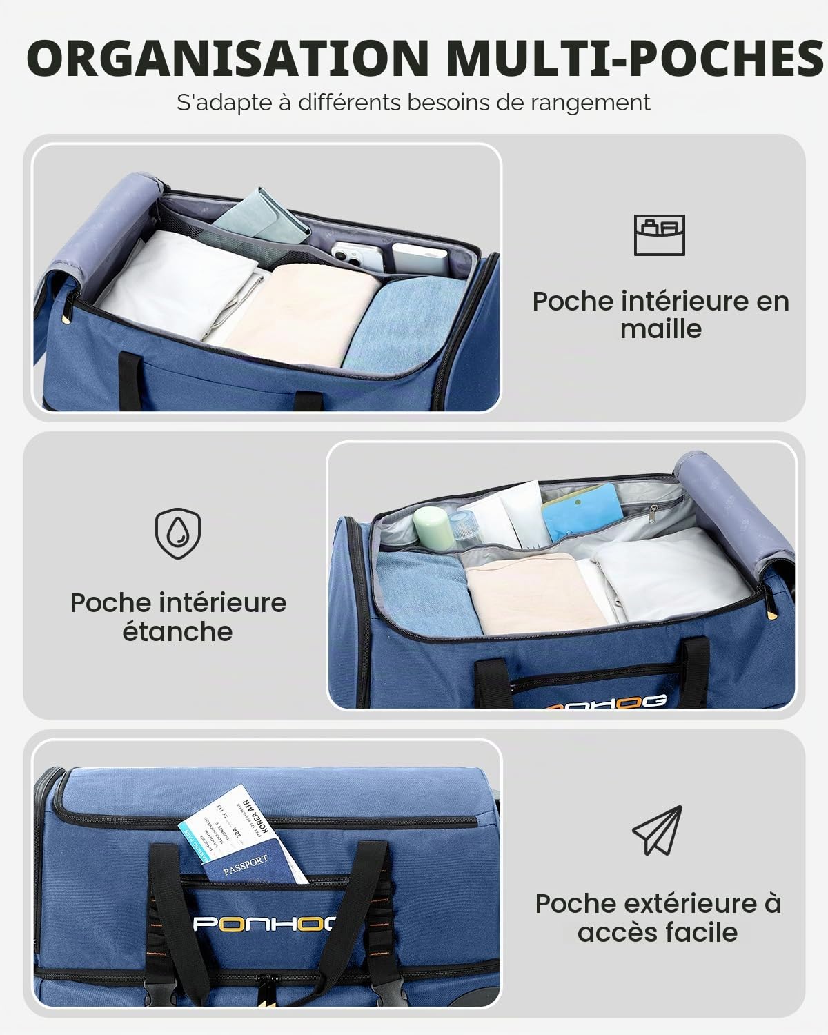 Ponhog Sac de Voyage à roulettes - Moyen Sac à Bagages Souple Résistant à l'eau, Léger pour Salle de Sport, Week-End et Voyage d'une Nuit, 55/56/65cm, 40/45/50litres