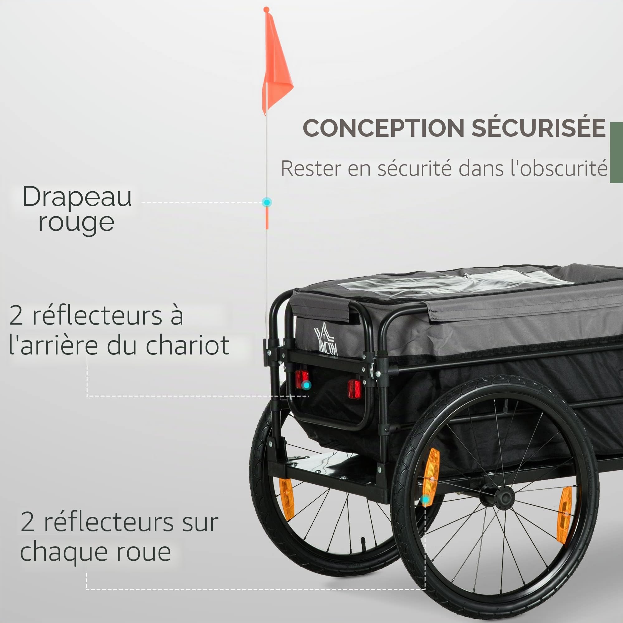 HOMCOM Remorque de vélo 2 en 1, remorque de transport, pneus 20 pouces, 40 kg de charge, acier, tissu Oxford, noir+gris, 130 x 64 x 64/103 cm