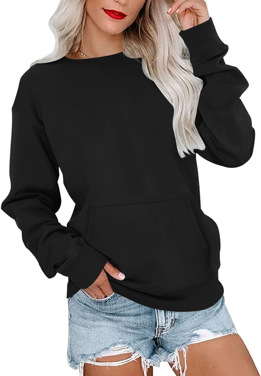 MISFAY Womens Oversized Sweatshirt Casual Long Sleeve Crewneck Hoodie Solid Pullover Lightweight Loose Tops with Pocket