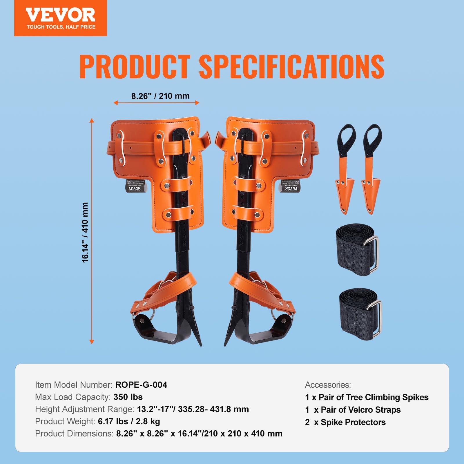 VEVOR Tree Climbing Spikes, 1 Pair Alloy Steel Climbing Spurs, 350lbs Load Capacity Tree Climbing Gear with Straps and Spike Protectors, for Climbers, Hunting, Fruit Picking