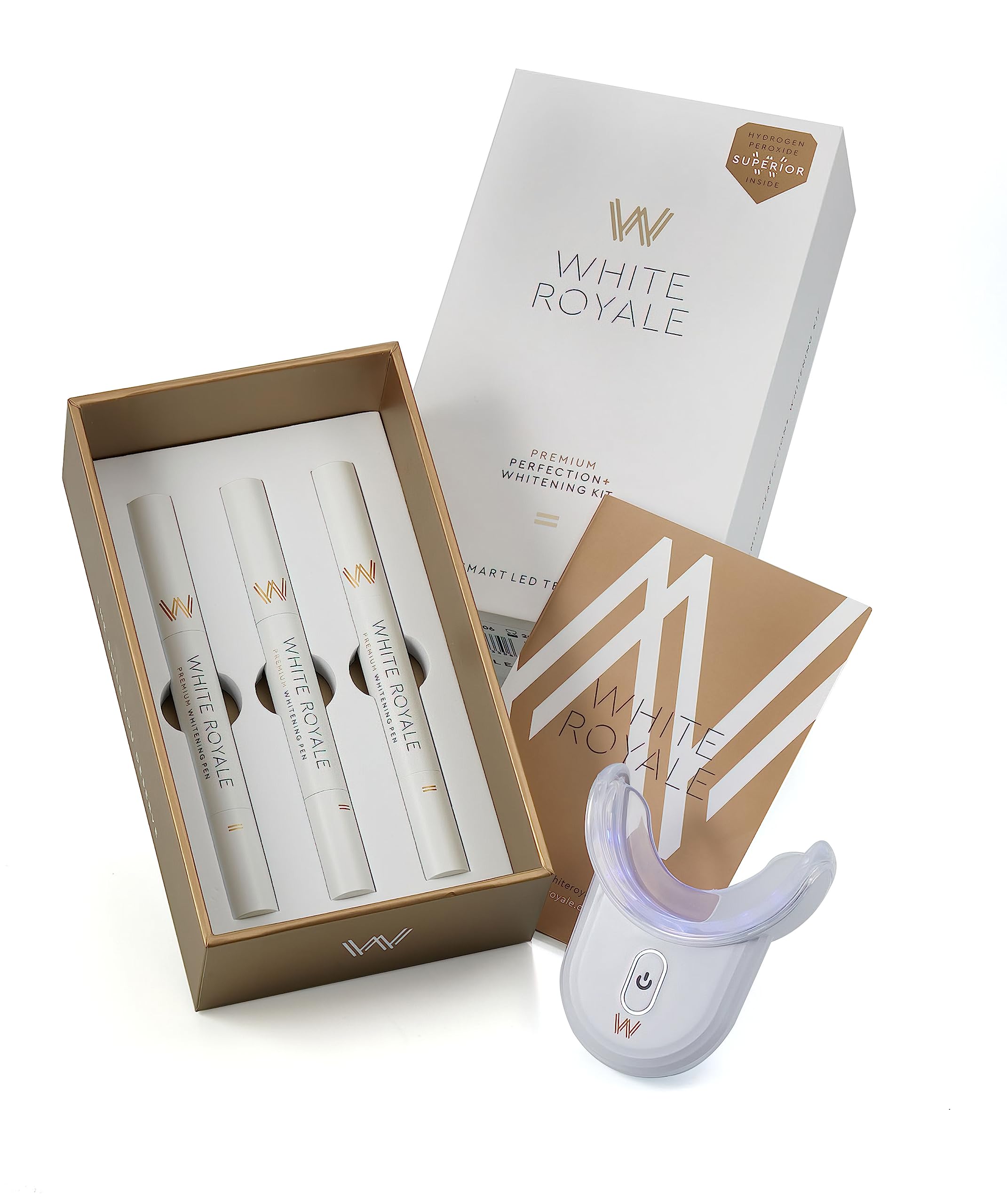 New White Royale Premium Perfection Kit, User Friendly Smart LED Mouthpiece and 3 Whitening pens with 9% HPS Whitening Gel, 30-45 Uses, Made in Netherlands