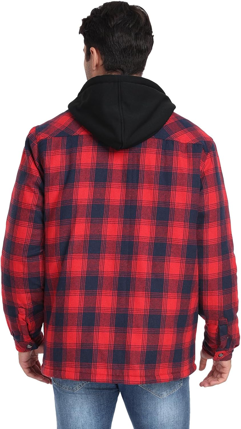 CHEXPEL Flannel Jackets for Men Long Sleeve Plaid Shirt Jacket Quilt Lined Hooded with Button Down Winter Coat - Image 4