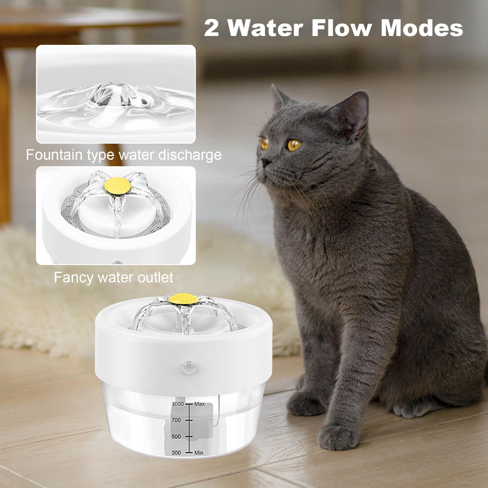 Kyaoayo Fontaine à eau pour chat et chien, fontaine pour chat, distributeur d'eau pour chien, accessoire pour chat, fontaine sans fil, 1 l, avec 2 modes de sortie, une batterie de 1000 mAh et un