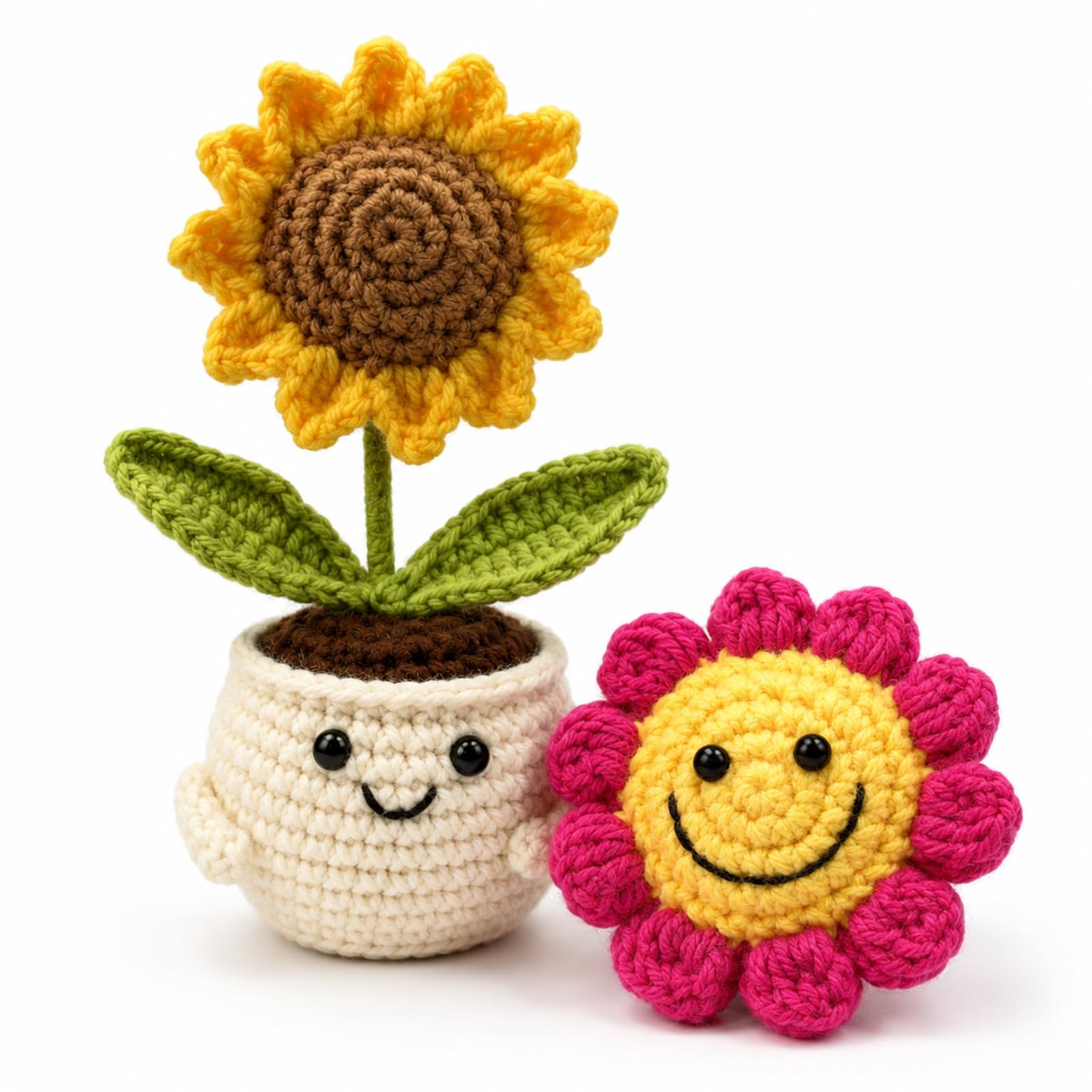 BLBATBK 2 PCS Crochet Sunflower, Positive Crochet Animals Handmade Knitted Flower Decor, Hand Woven Ornament, Delicate Handcraft Display for Home Desk and Bag Decoration