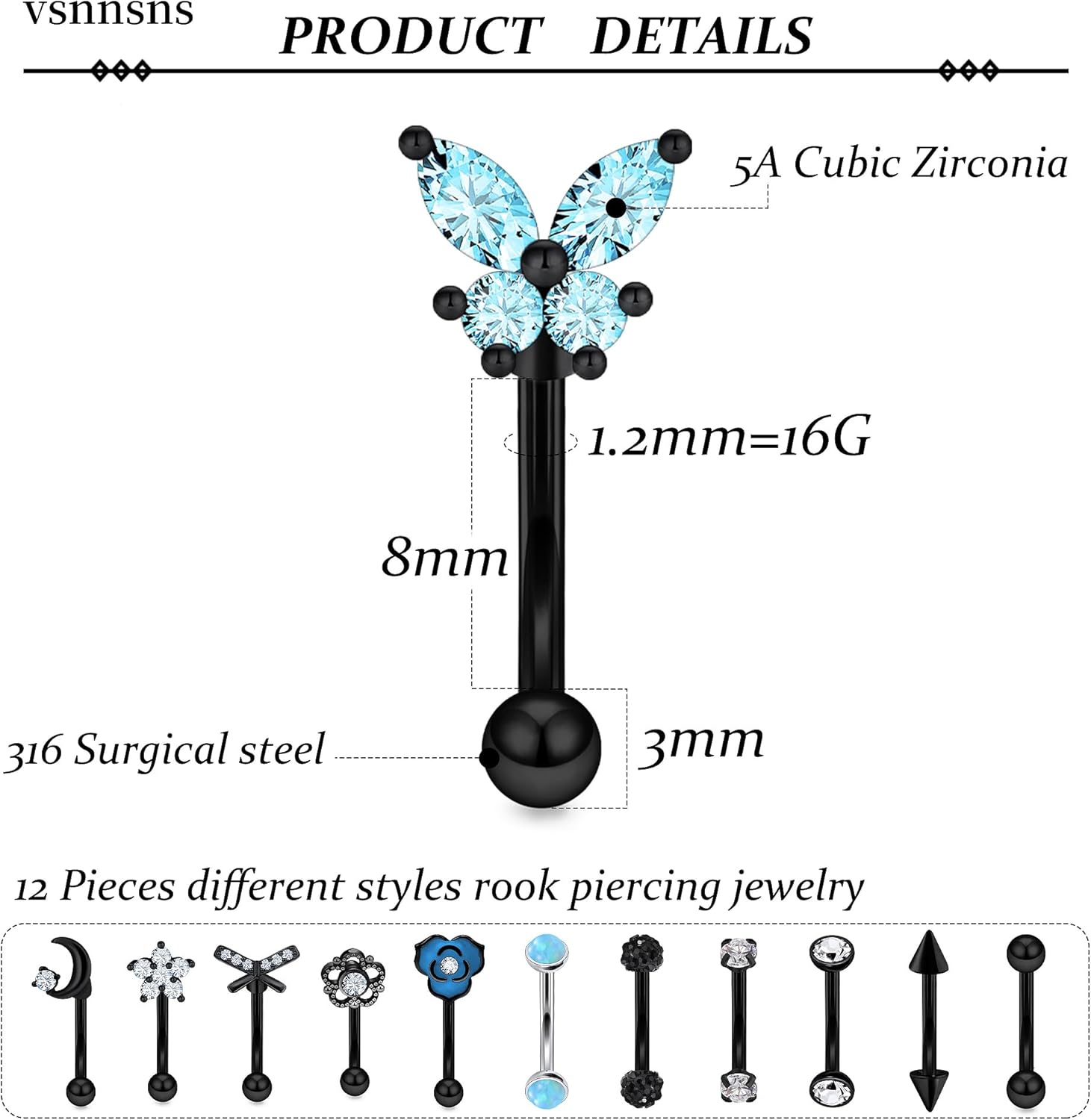 Vsnnsns Rook Daith Piercing Jewelry 16G Stainless Surgical Steel Curved Barbell Eyebrow Rings Vertical Labret Lip Piercing Jewelry Rook Daith Earrings for Women Men 6MM 8MM 10MM Hypoallergenic - Image 3