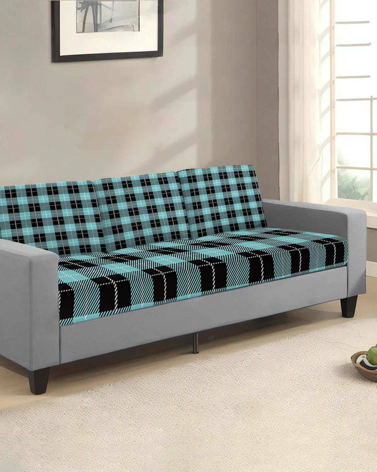 Couch Cushion Covers Teal Check Plaid Sofa Cushion Cover Stretch Seat Covers Buffalo Plaid Sofa Slipcovers Soft Furniture Protector for Sectional Sofas Living Room Medium-1 Piece