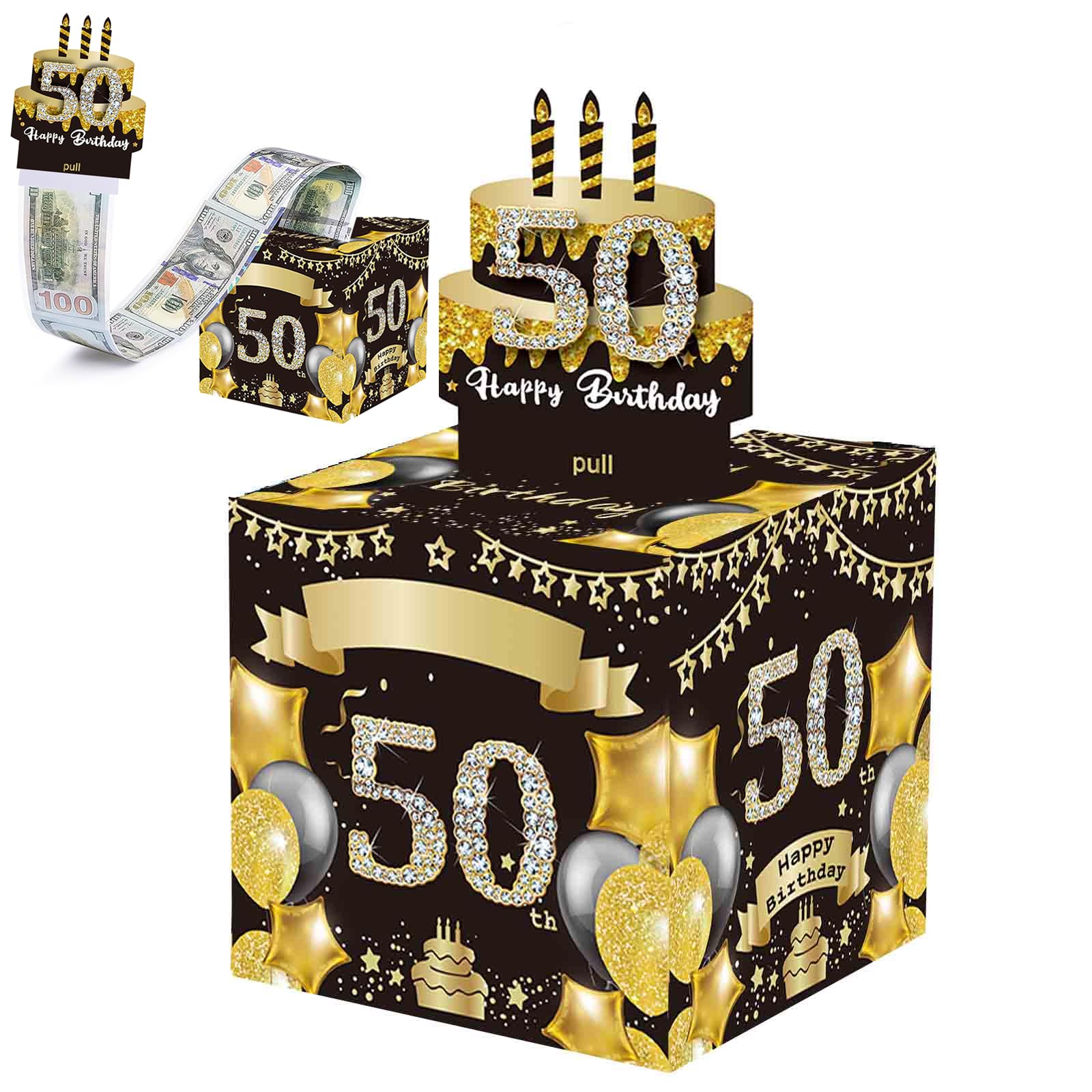 Birthday Money Pull Box Gift - Fun Cash Gift Box For Family & Friends (Black & Gold)