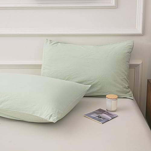 Miniatura 5 de Juego de funda de edredón de algodón lavado, tamaño Queen, ultra suave, 100% algodón, color verde manzana claro, con cierre de cremallera, 3 piezas,