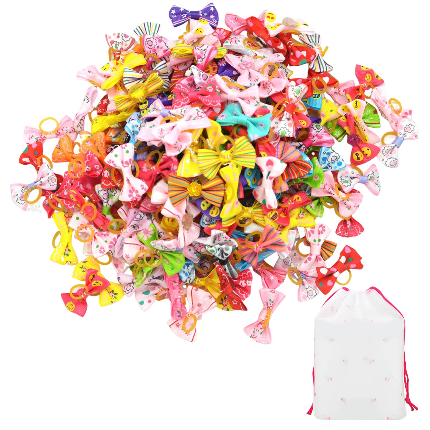 100 corde per capelli con fiocco, 1 borsa portaoggetti, accessori per capelli di animali, elastici creativi per cani, elastici per animali domestici, accessori per copricapo per gatti